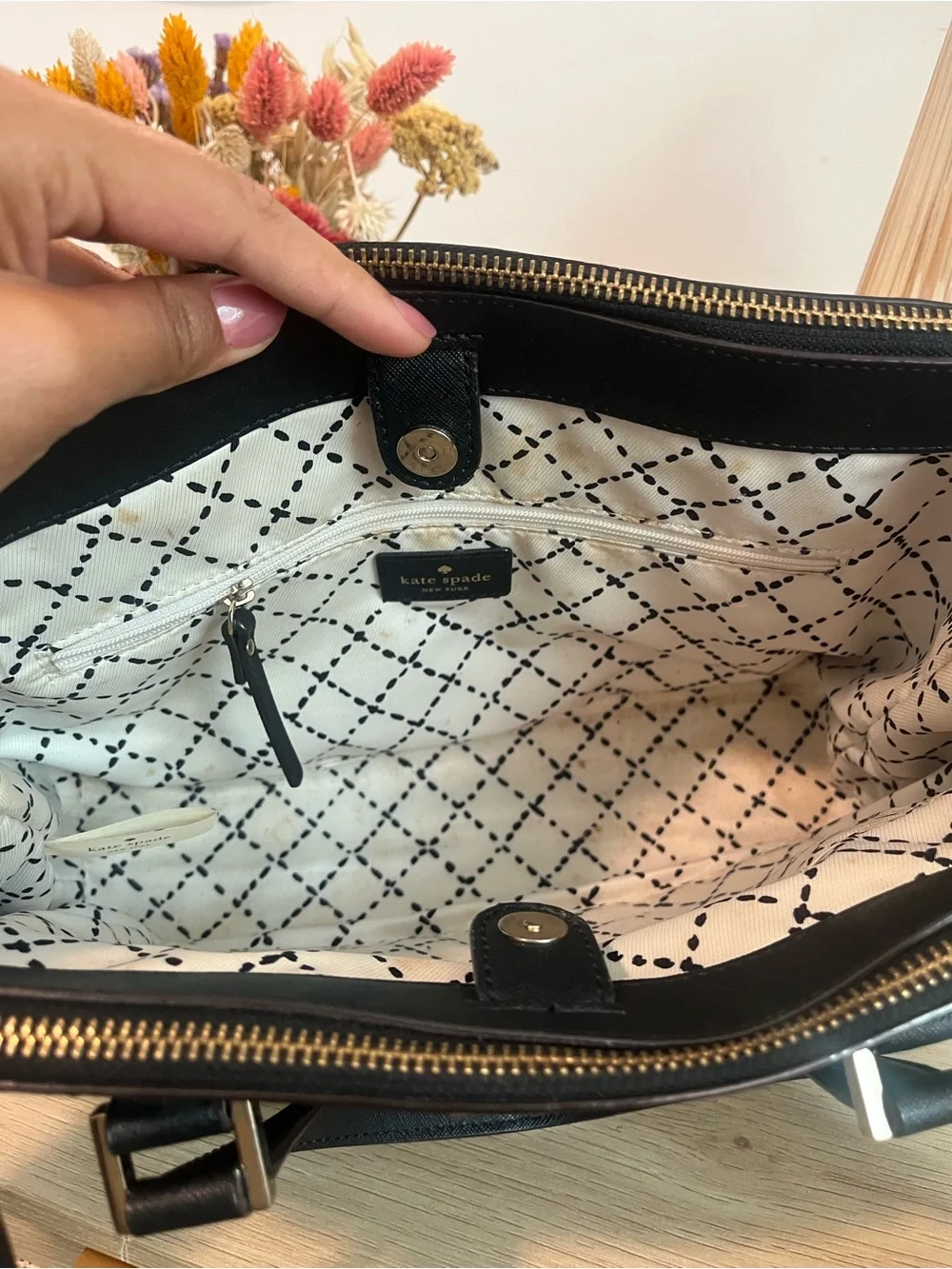 kate spade Black Structured Saffiano Satchel with Gold Hardware